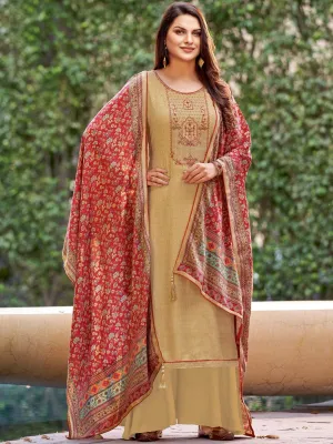 Beige Woolen Pashmina Winter Unstitched suits for Ladies