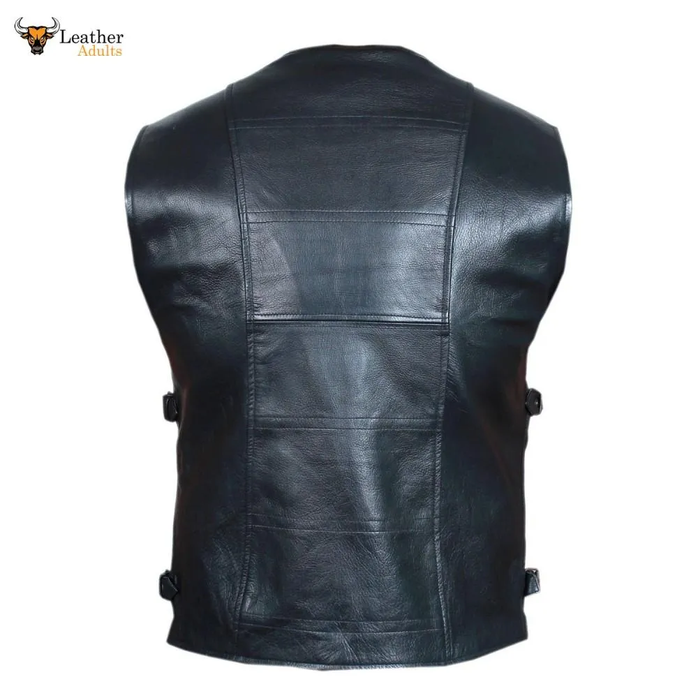 Black Mens Real Leather Gilet Biker Cut Waistcoat Vest Most Sizes VEST 21