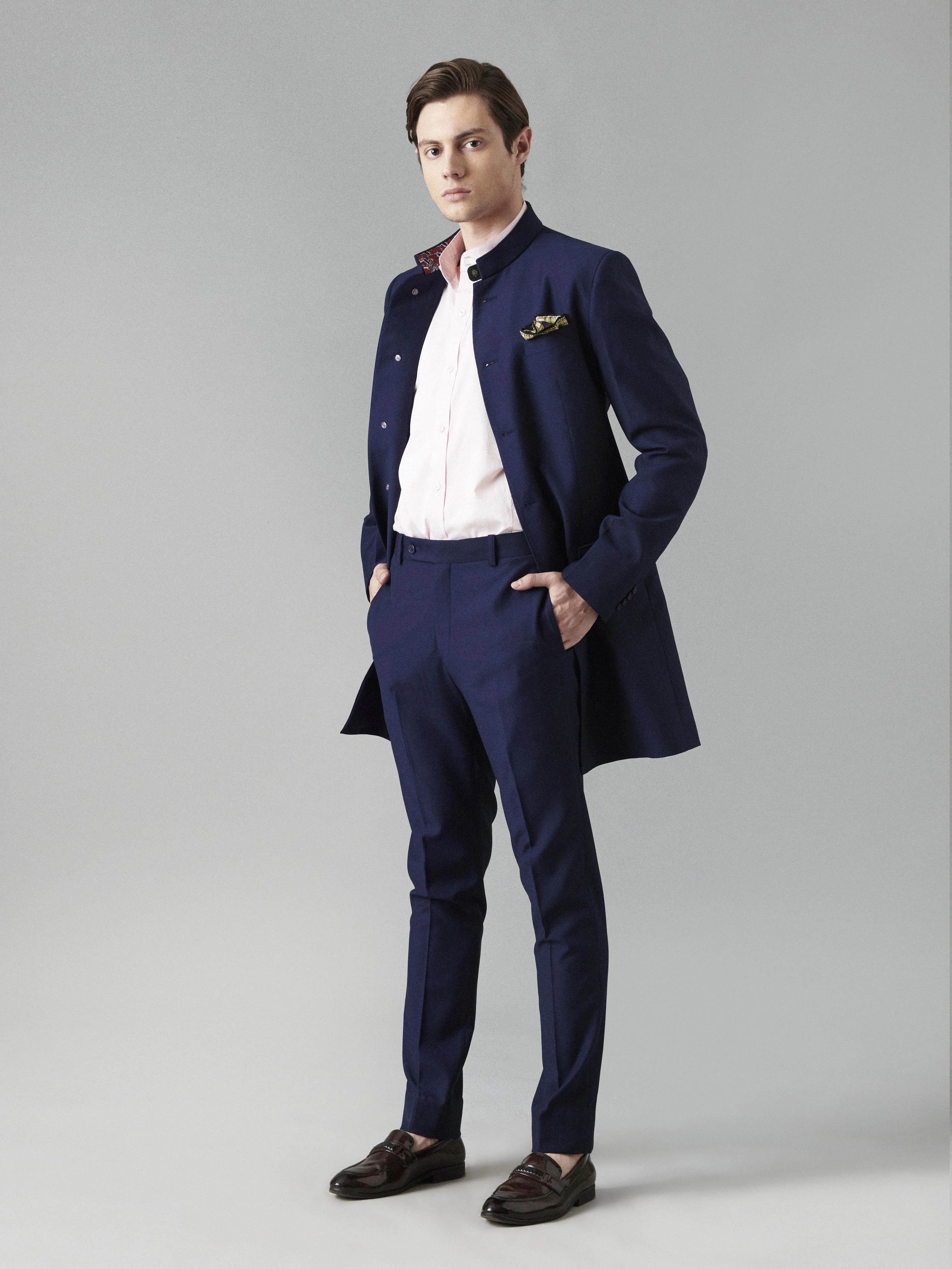 BLUE SUITING LONG BANDHGALA SUIT