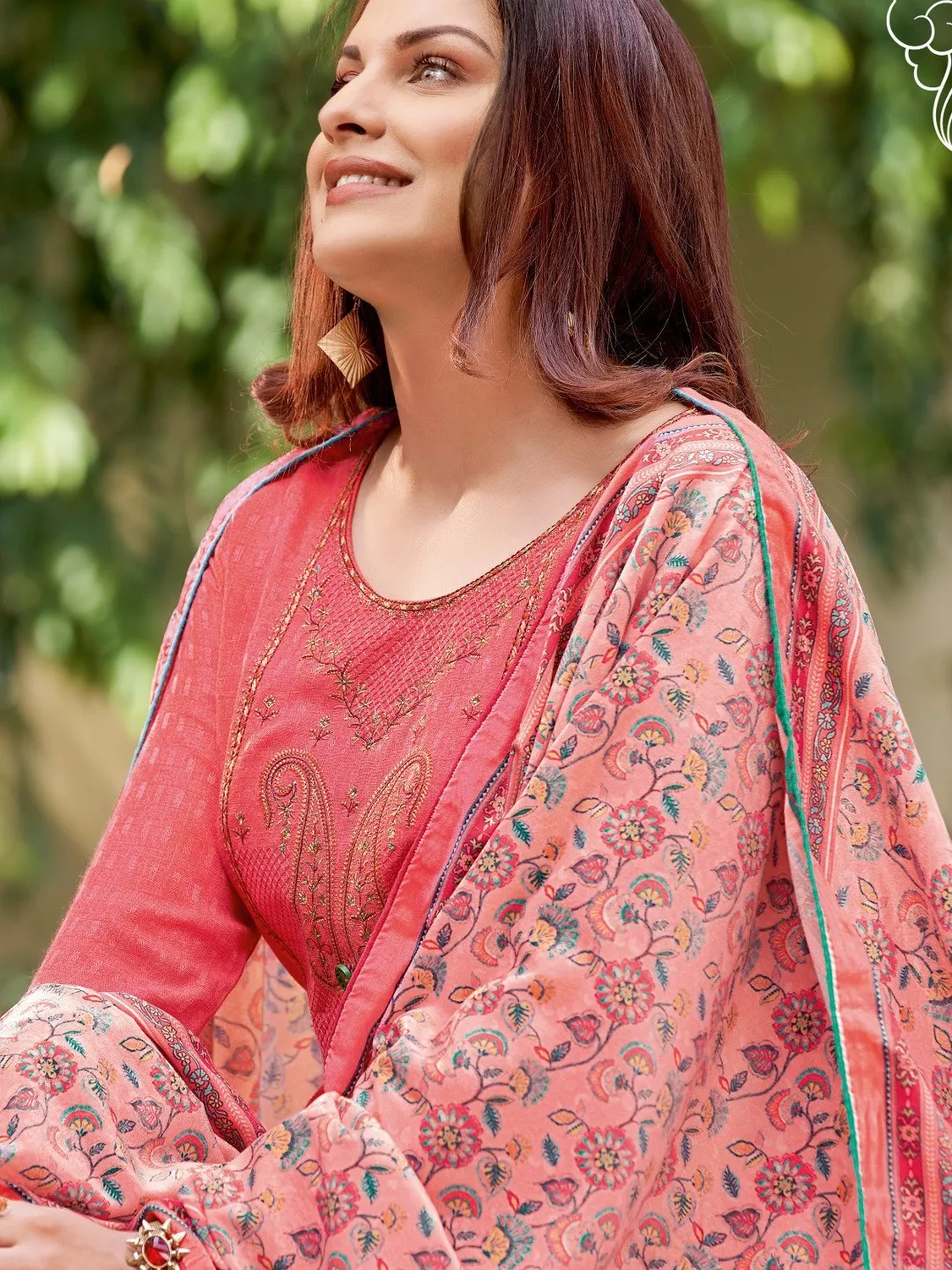 Coral Pink Woolen Pashmina Winter Unstitched suits for Ladies