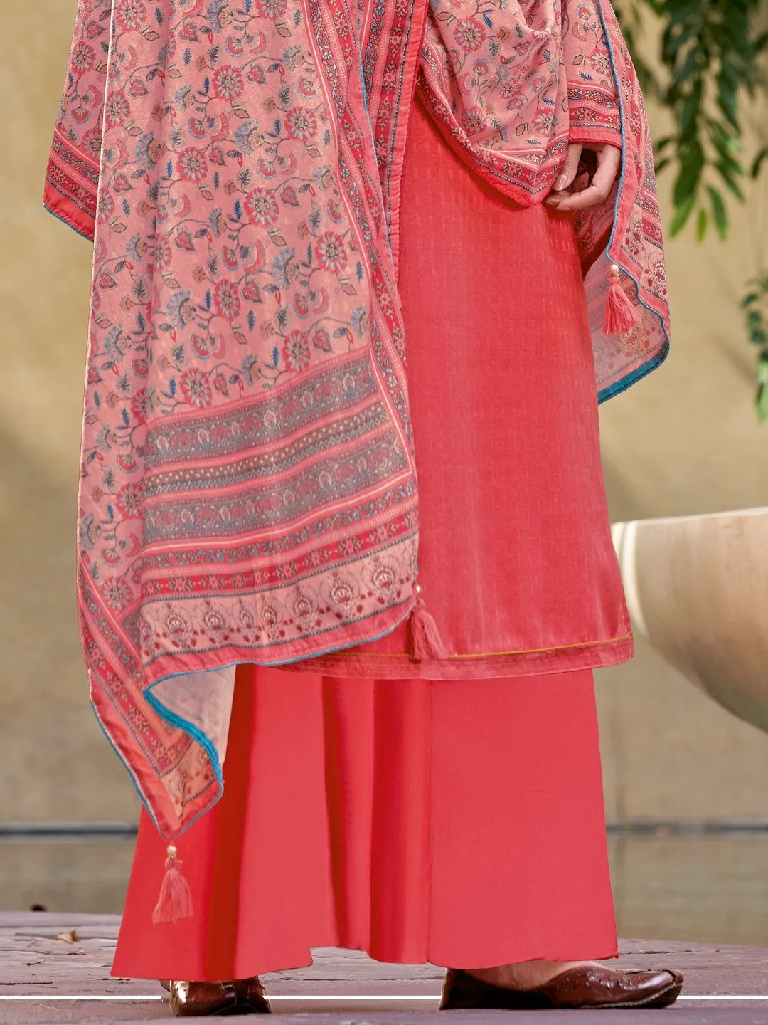 Coral Pink Woolen Pashmina Winter Unstitched suits for Ladies