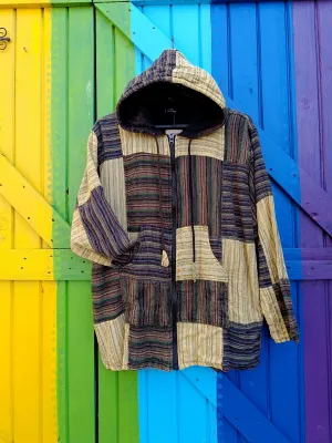 Cotton Zipped Funky Striped Patch Hoodies with Front Pockets - Large