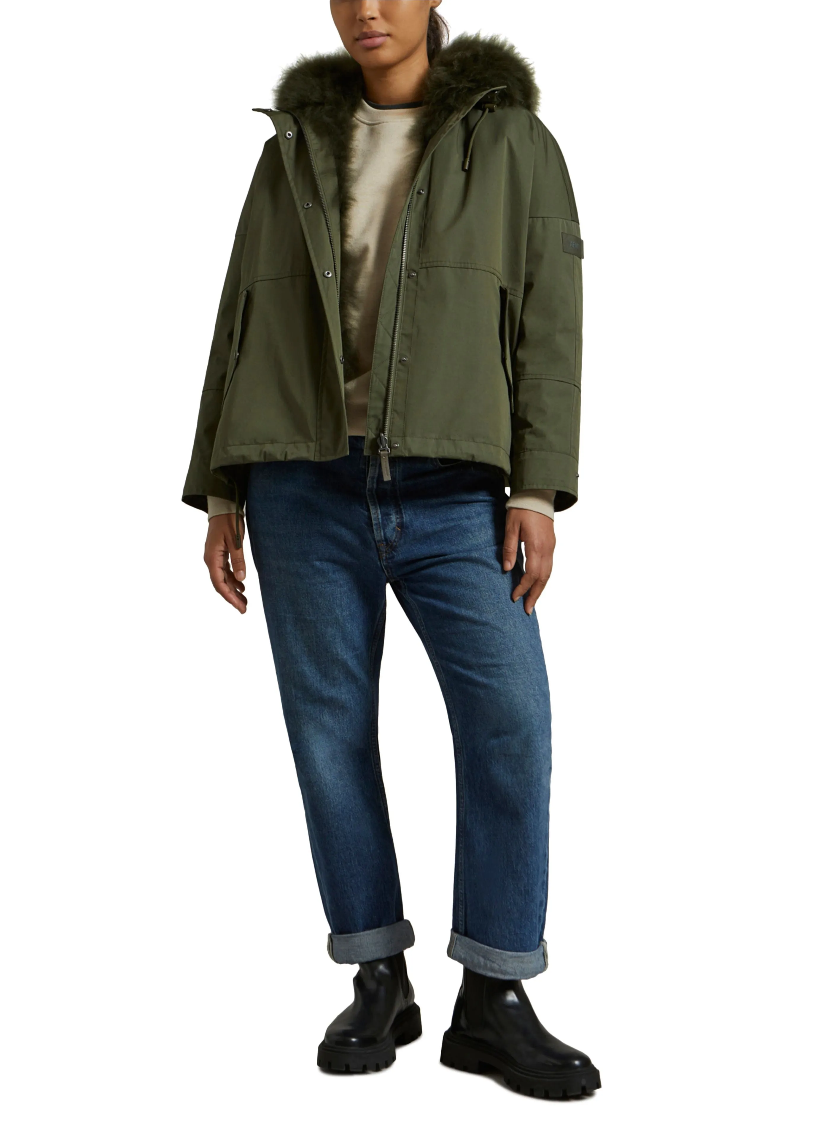 Cropped reversible parka in weather-resistant technical fabric and fluffy lambswool