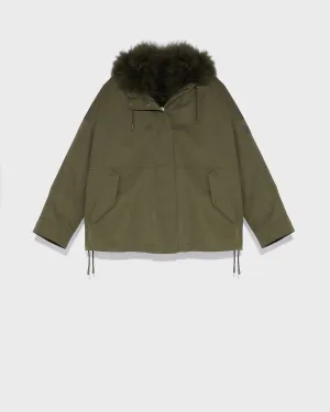 Cropped reversible parka in weather-resistant technical fabric and fluffy lambswool