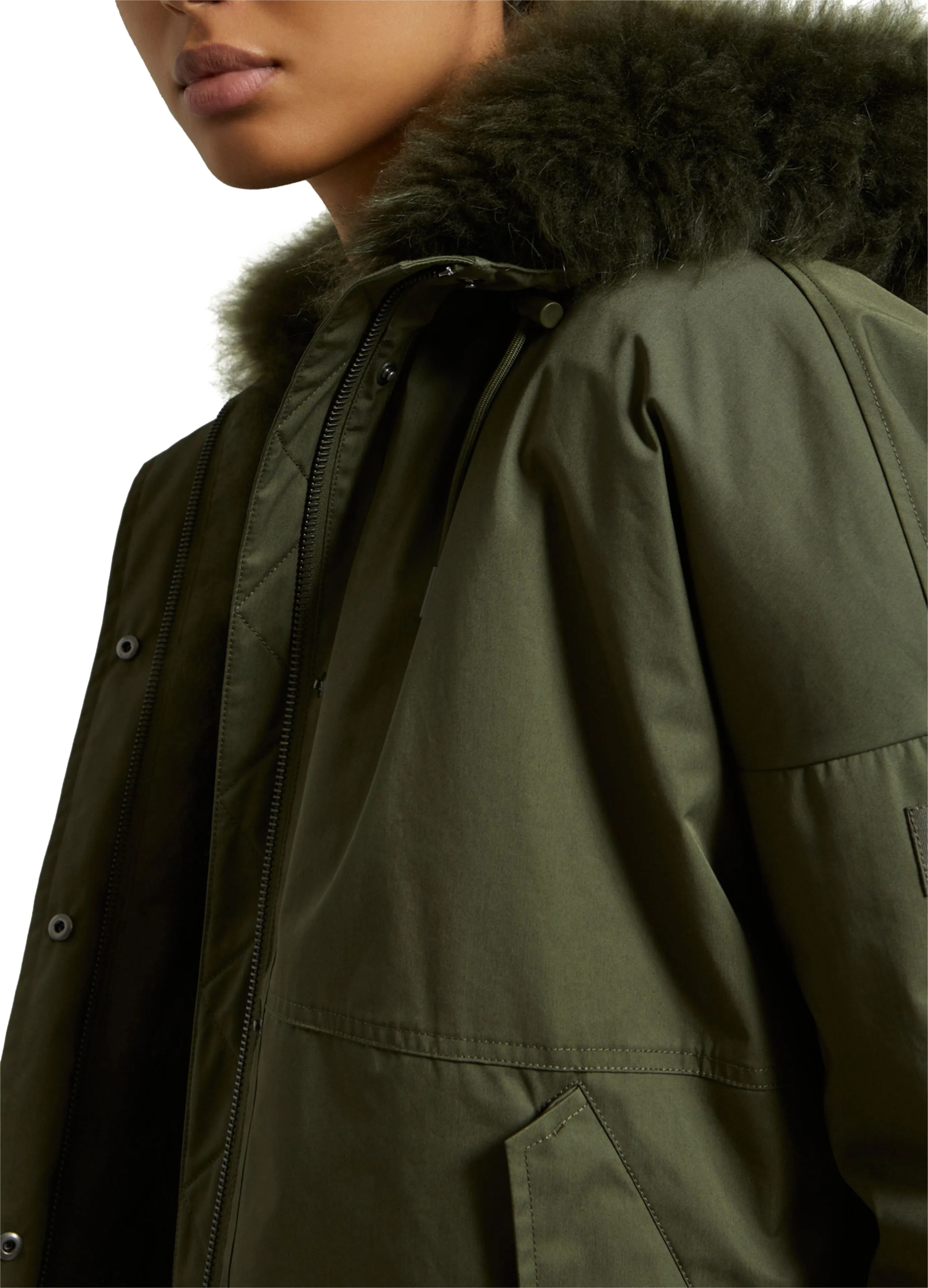 Cropped reversible parka in weather-resistant technical fabric and fluffy lambswool