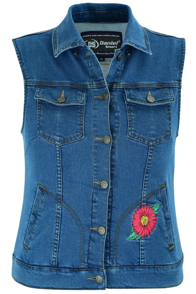 DM944 Women's Blue Denim Snap Front Vest with Red Daisy