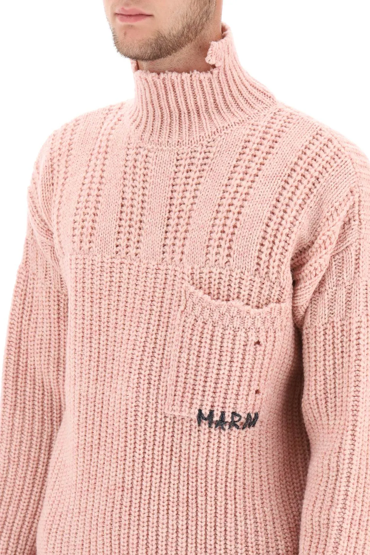 funnel-neck sweater in destroyed-effect wool