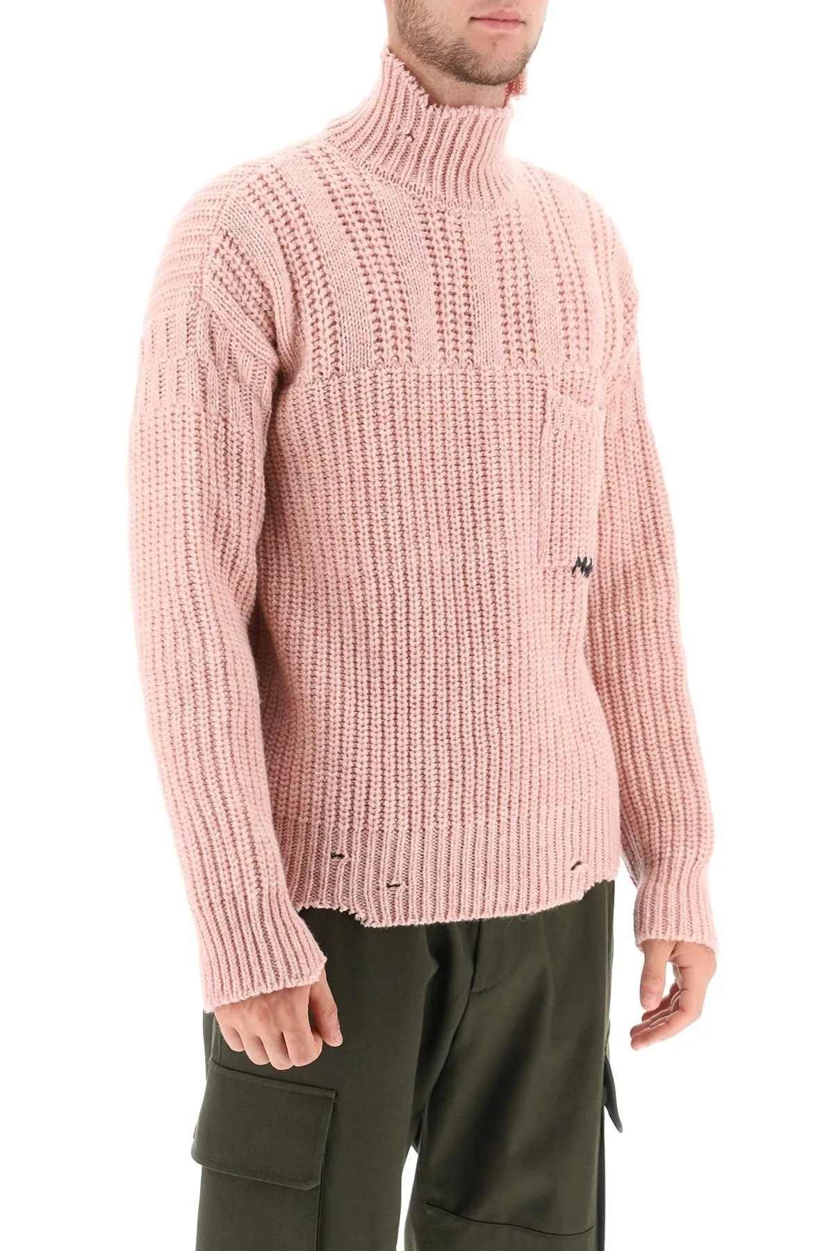 funnel-neck sweater in destroyed-effect wool