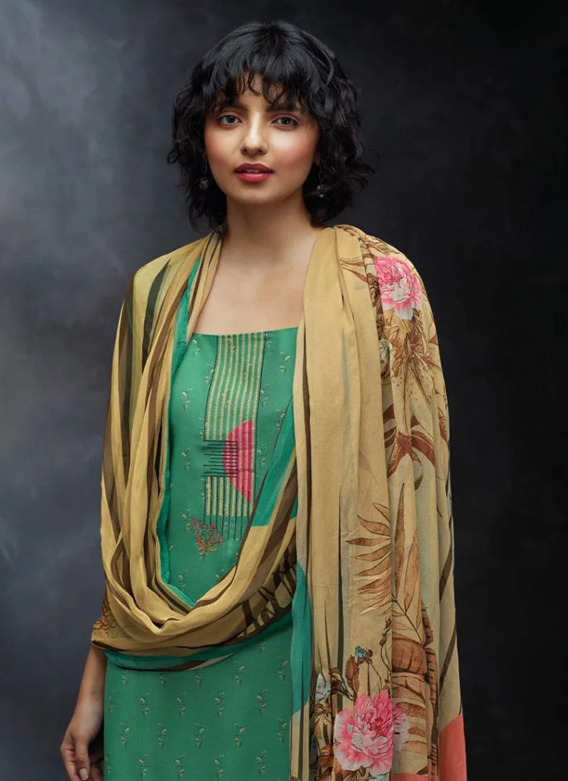 Ganga Woolen Pashmina Green Winter Suit Dress Material for Women