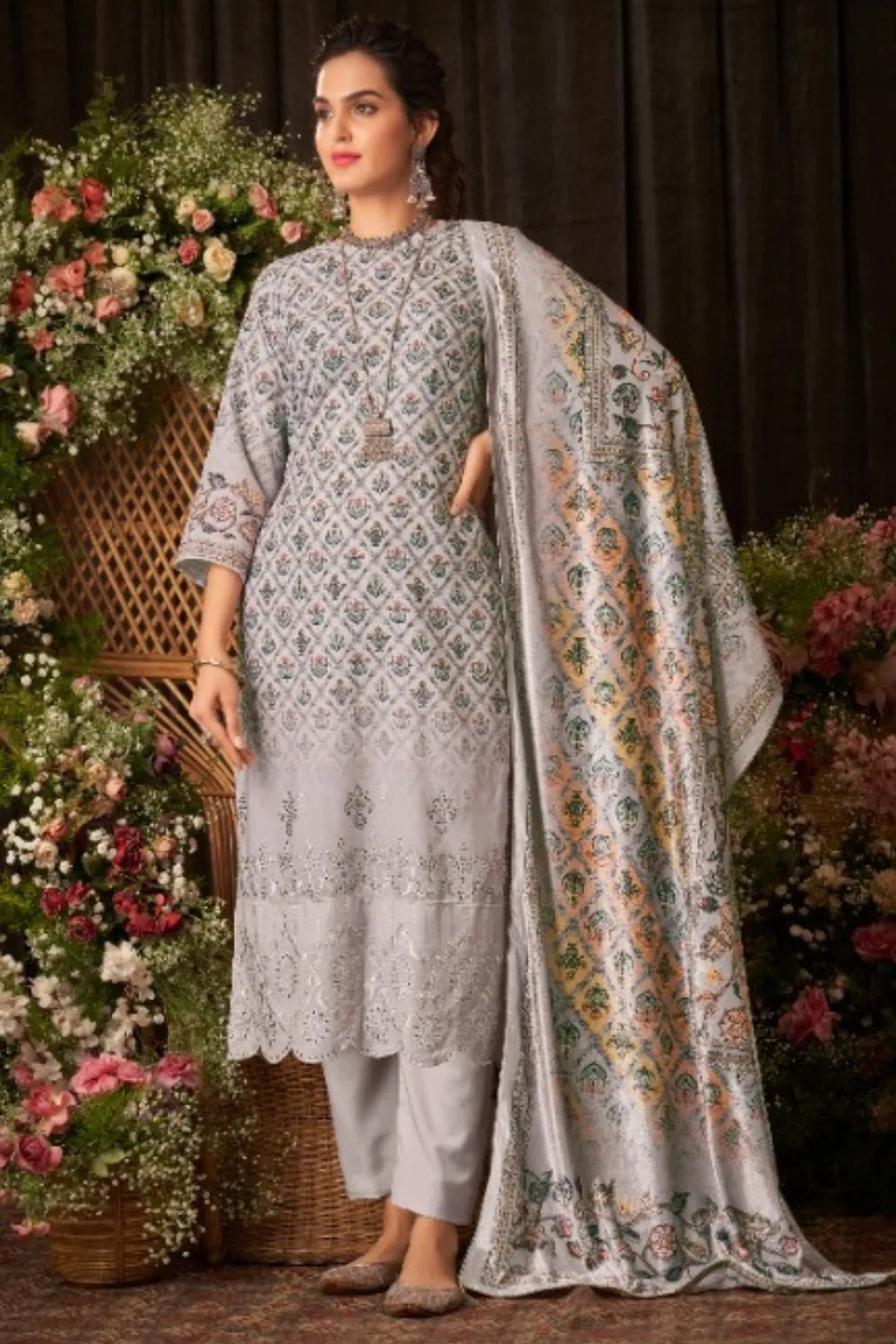 Grey Colour Printed Woolen Unstitched Suit Fabric With Stole