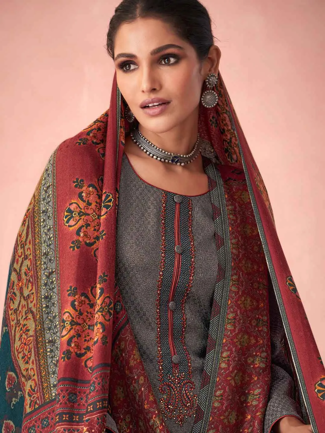 Grey Pashmina Twill Embroidered Unstitched Winter Suit Set