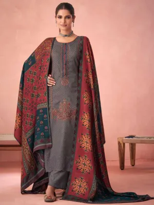 Grey Pashmina Twill Embroidered Unstitched Winter Suit Set