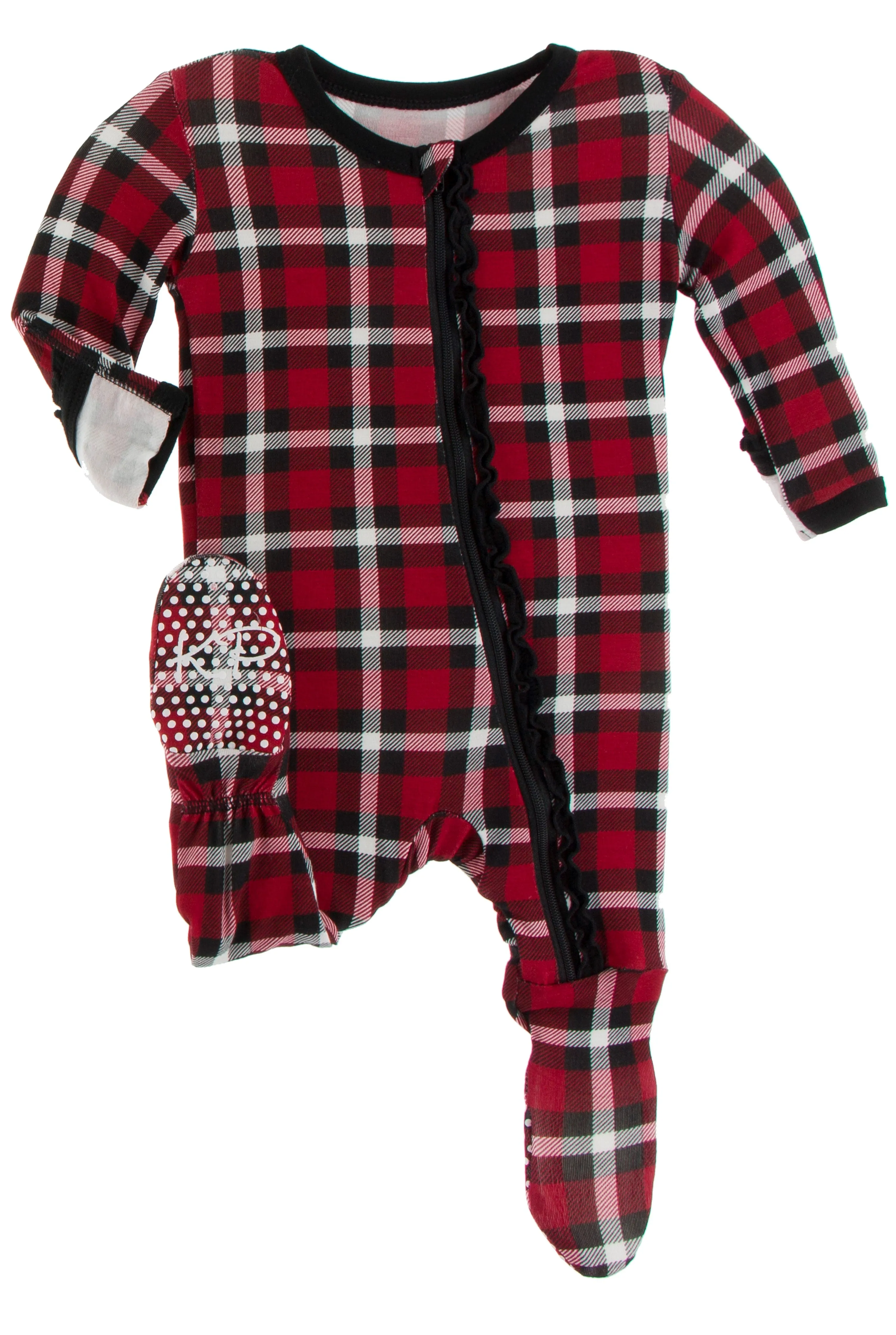 KicKee Pants Crimson 2020 Holiday Plaid Muffin Ruffle Footie with Zipper