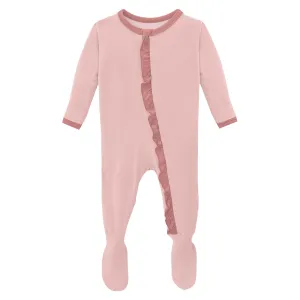 KicKee Pants Solid Baby Rose w/Antique Pink Classic Ruffle Footie with Zipper