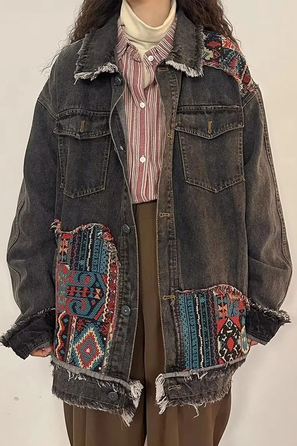 Long Sleeve Vintage Boho Embroidery Denim Jacket