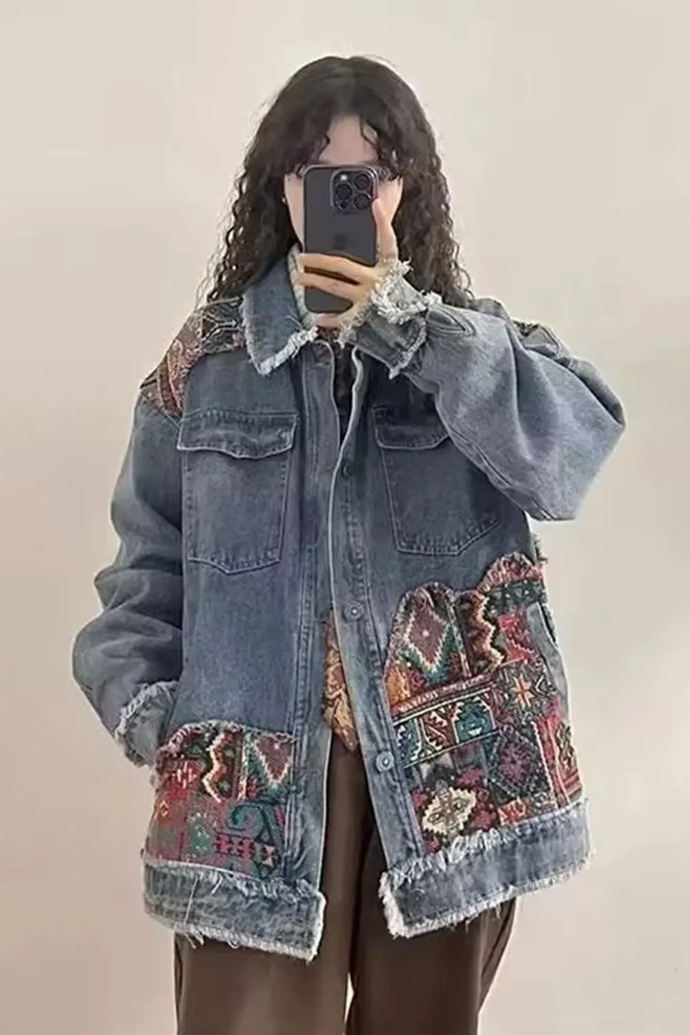 Long Sleeve Vintage Boho Embroidery Denim Jacket