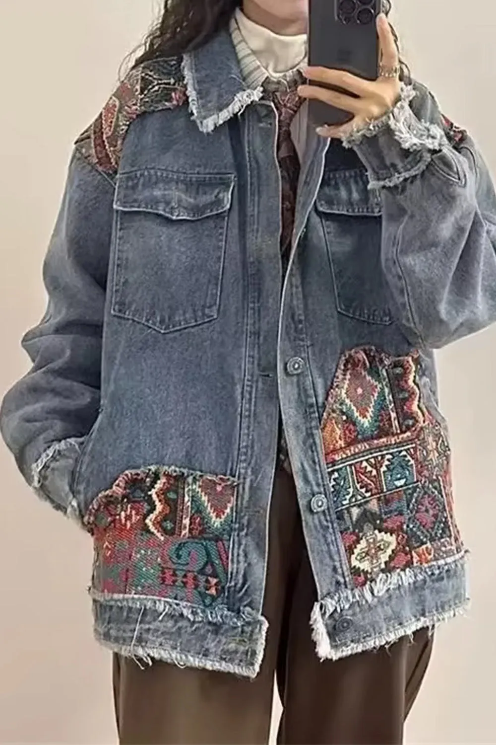 Long Sleeve Vintage Boho Embroidery Denim Jacket