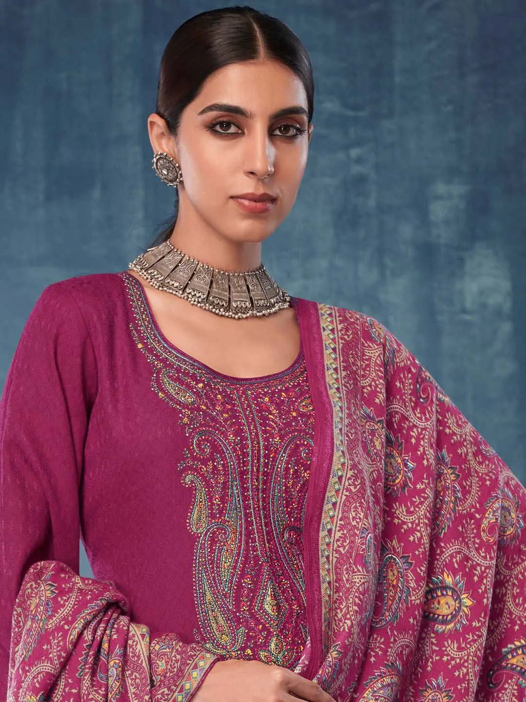 Magenta Pashmina Twill Embroidered Unstitched Winter Suits