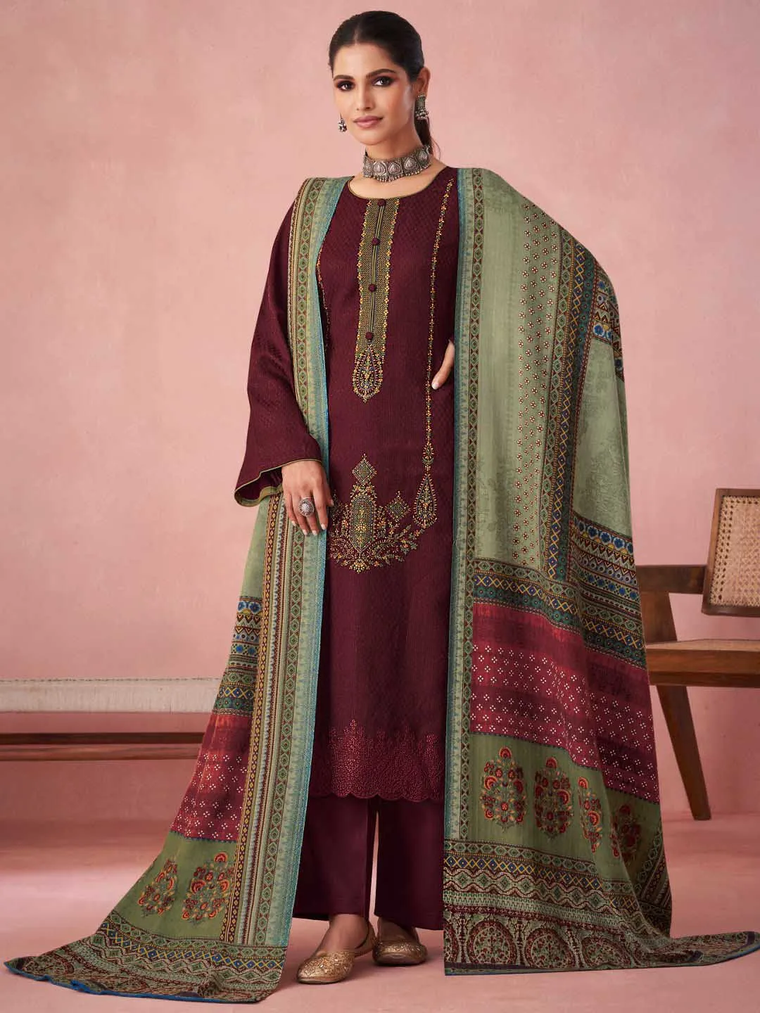 Maroon Pashmina Twill Embroidered Unstitched Winter Suit Set