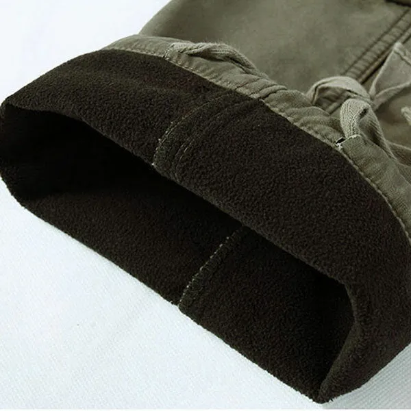 Men Thick Outdoor Multi Pockets Polar Fleece Lined Cotton Cargo Pants