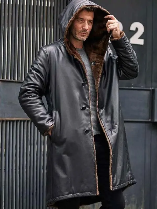 Men's Cowhide Shearling Fur Parkas Hooded Leather Coat