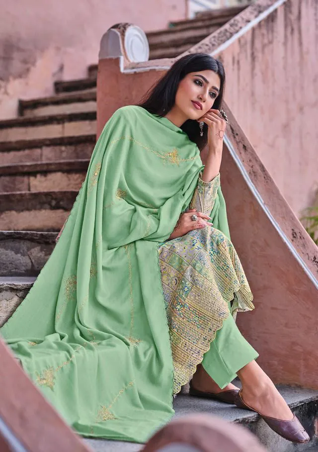 Printed Green Winter Unstitched Pashmina Salwar Suit