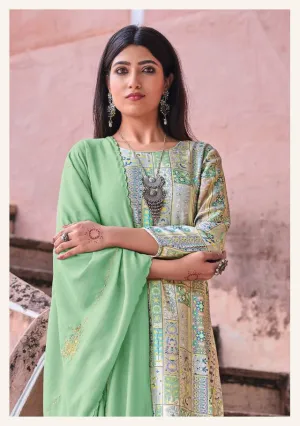 Printed Green Winter Unstitched Pashmina Salwar Suit