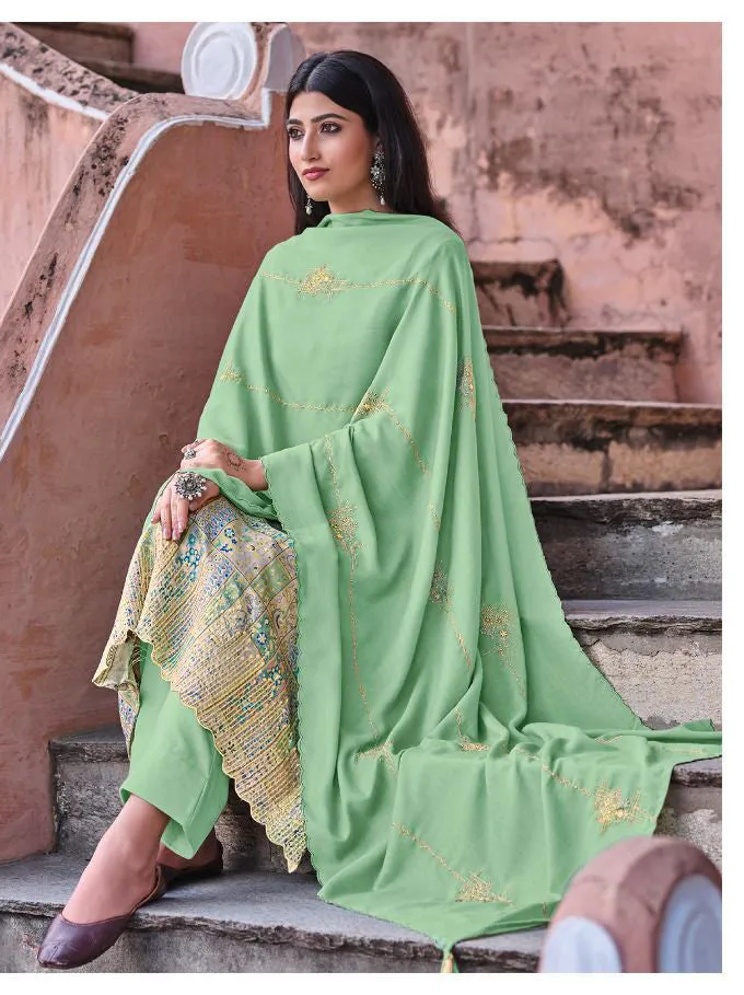 Printed Green Winter Unstitched Pashmina Salwar Suit