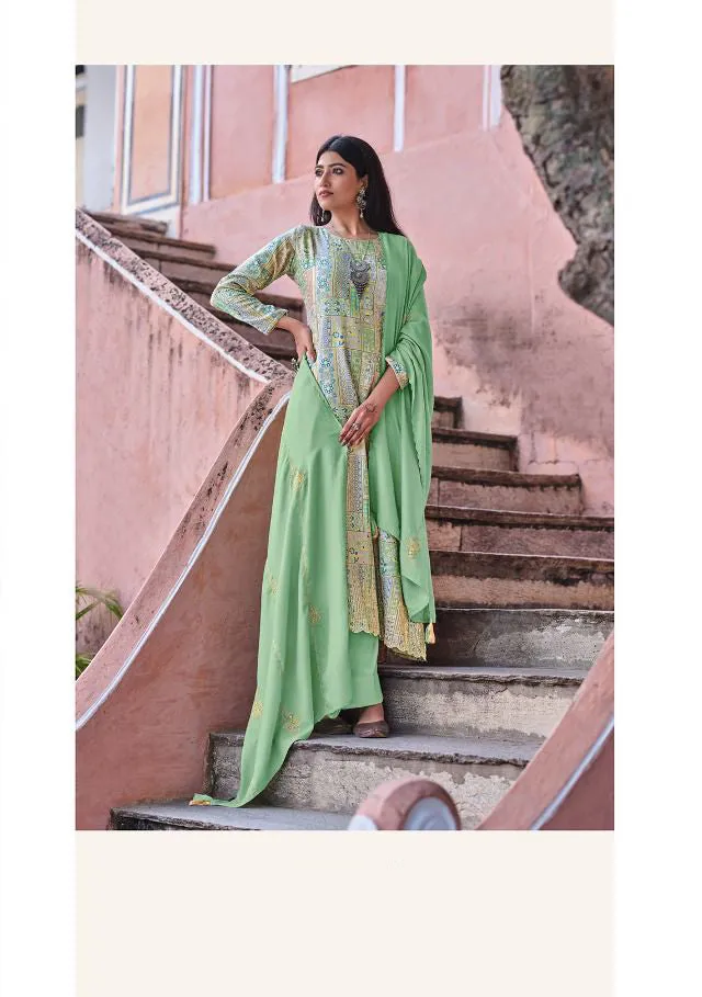 Printed Green Winter Unstitched Pashmina Salwar Suit