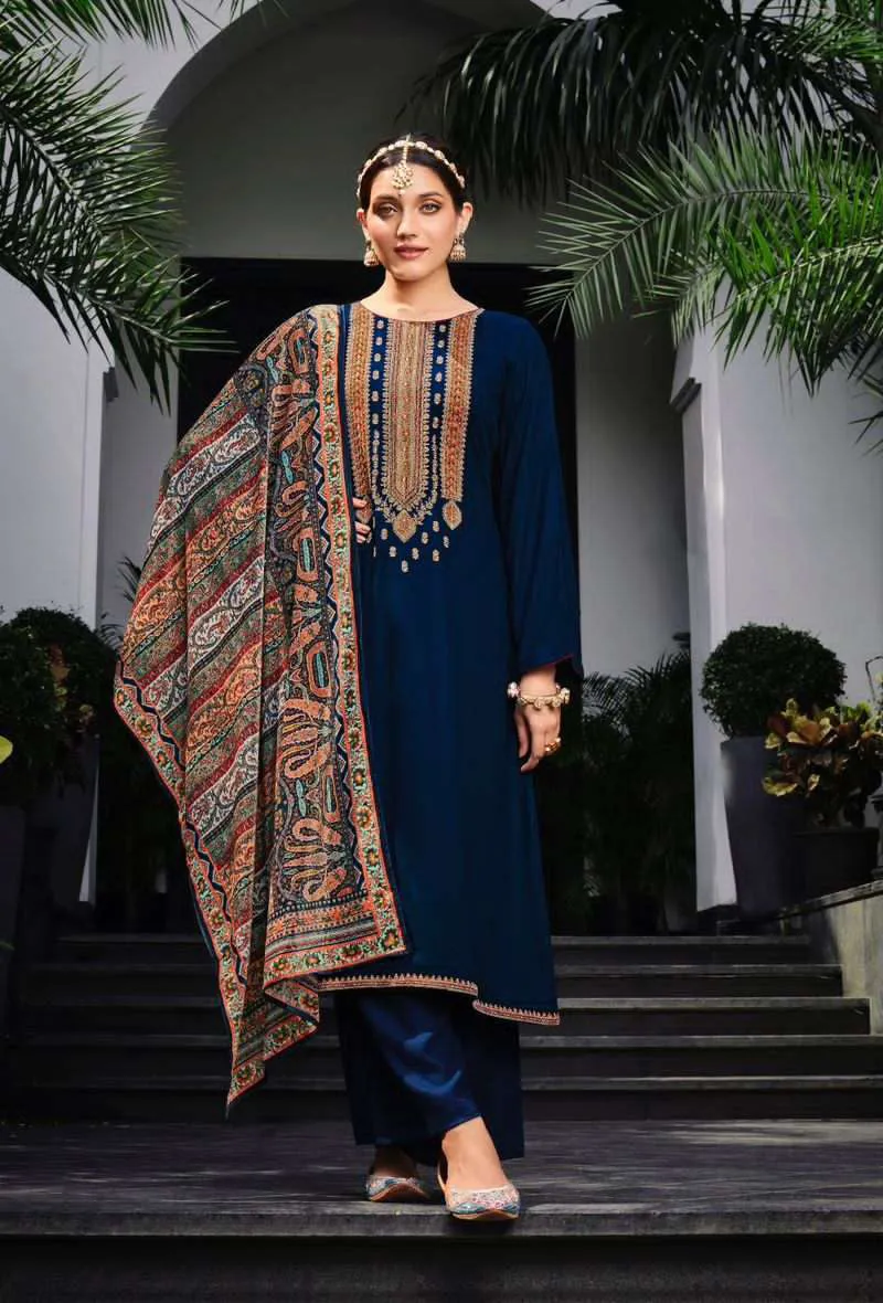 Pure Viscose Pashmina Blue Unstitched Winter Suits with Velvet Dupatta