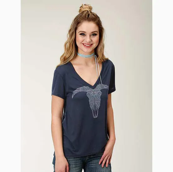 Roper Women's Navy Aztec Steer Head Tee