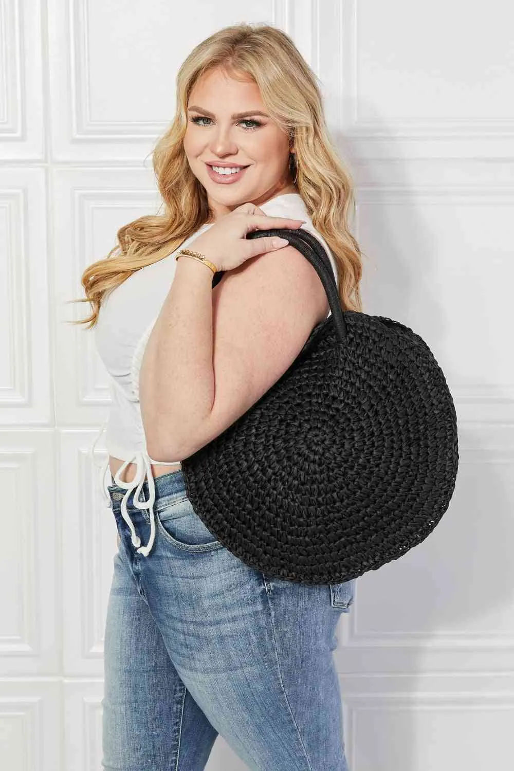 Straw Rattan Handbag in Black