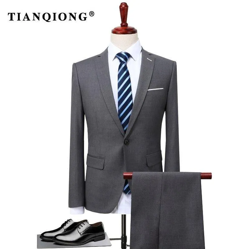 TIAN QIONG 2018 Men Business Suit Slim fit Classic Male Suits Blazers Luxury Suit Men Two Buttons 2 Pieces(Suit jacket pants)