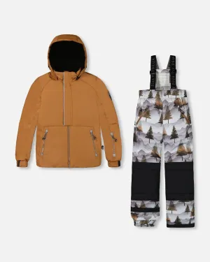 Two Piece Snowsuit Solid Brown Jacket And Grey Landscape Printed Brown Trees