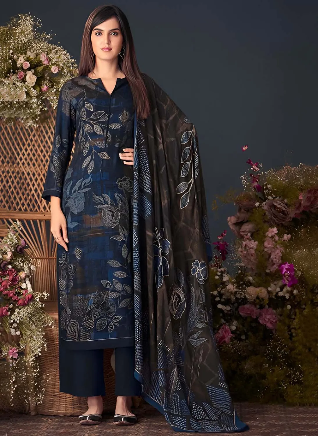 Unstitched Blue Printed Pashmina Winter Suit Dress Material for Women