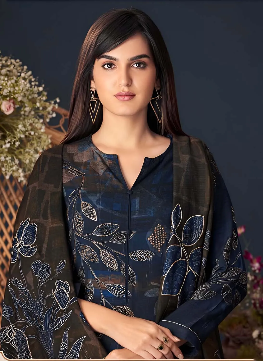 Unstitched Blue Printed Pashmina Winter Suit Dress Material for Women