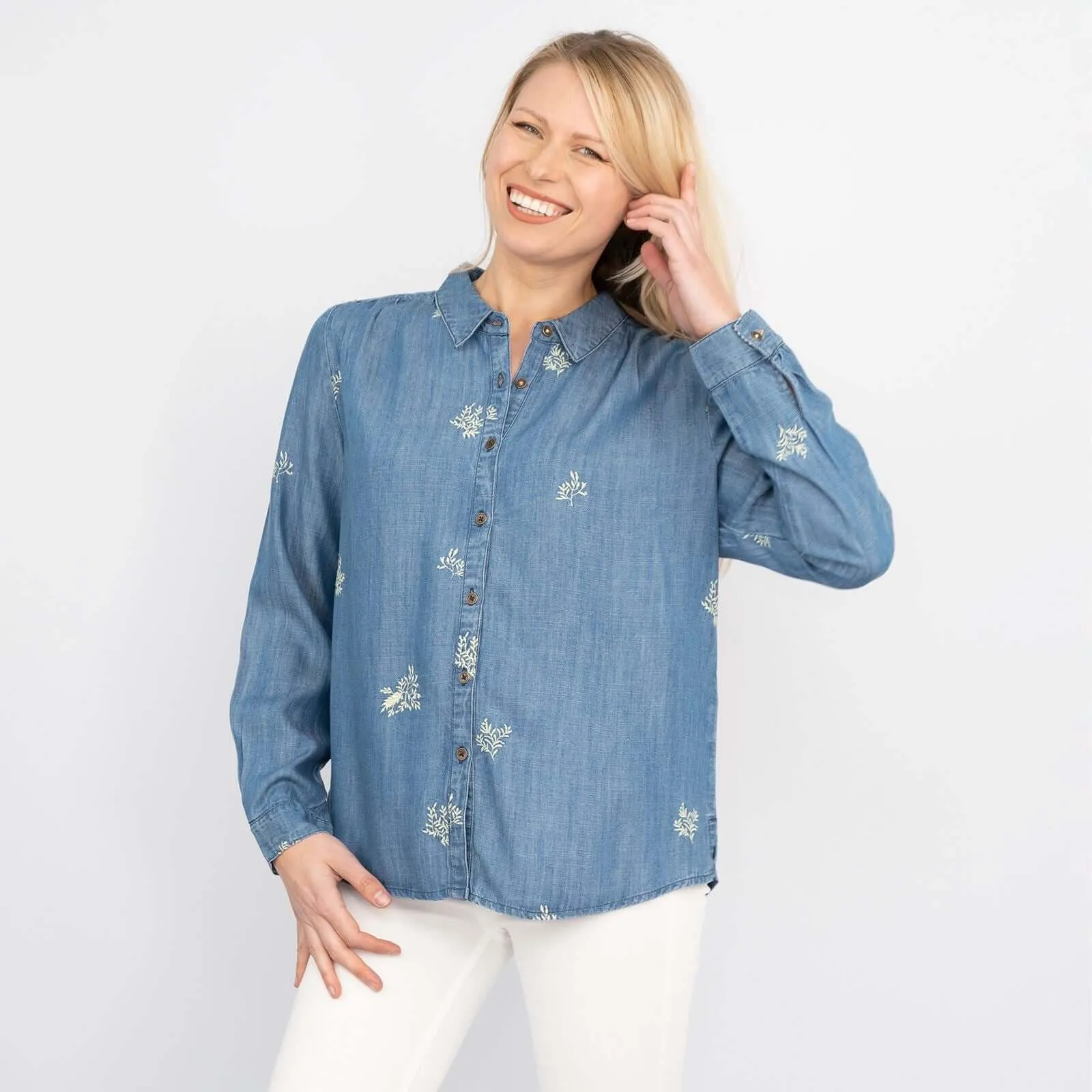 White Stuff Day Break Blue Soft Light Denim Long Sleeve Relaxed Shirts