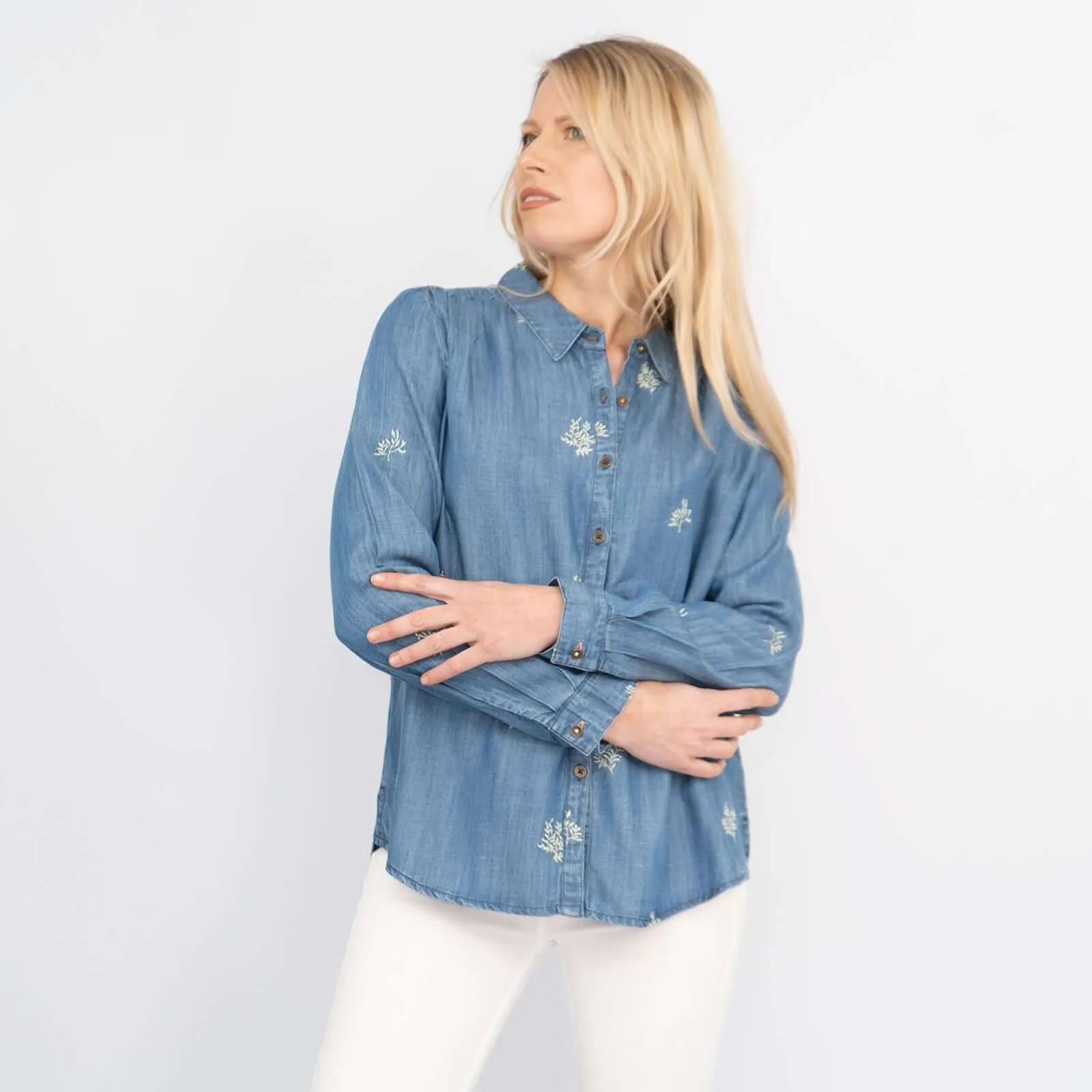 White Stuff Day Break Blue Soft Light Denim Long Sleeve Relaxed Shirts