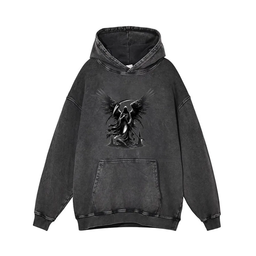 Winged Scythe Grim Reaper Vintage Washed Hoodie